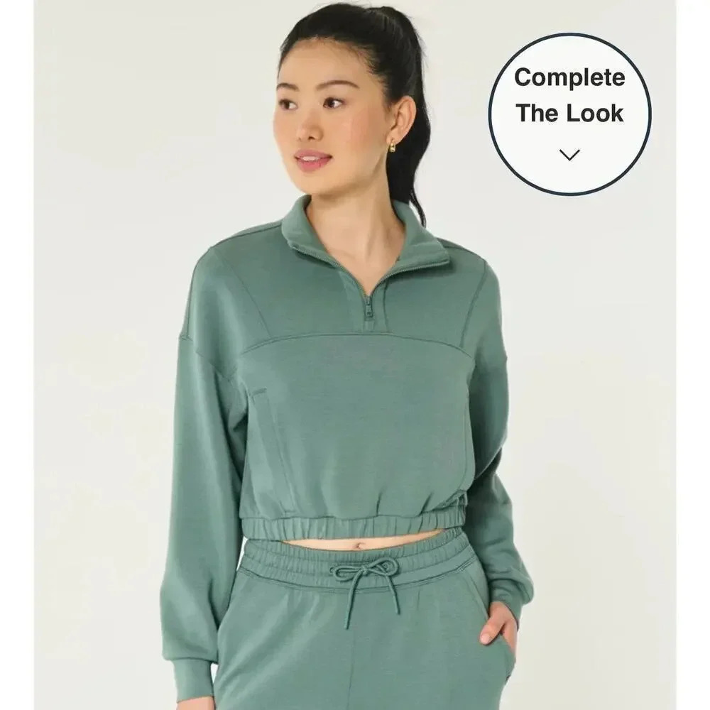 Hollister Gilly Hicks Green Cropped Quarter Zip Pullover size S